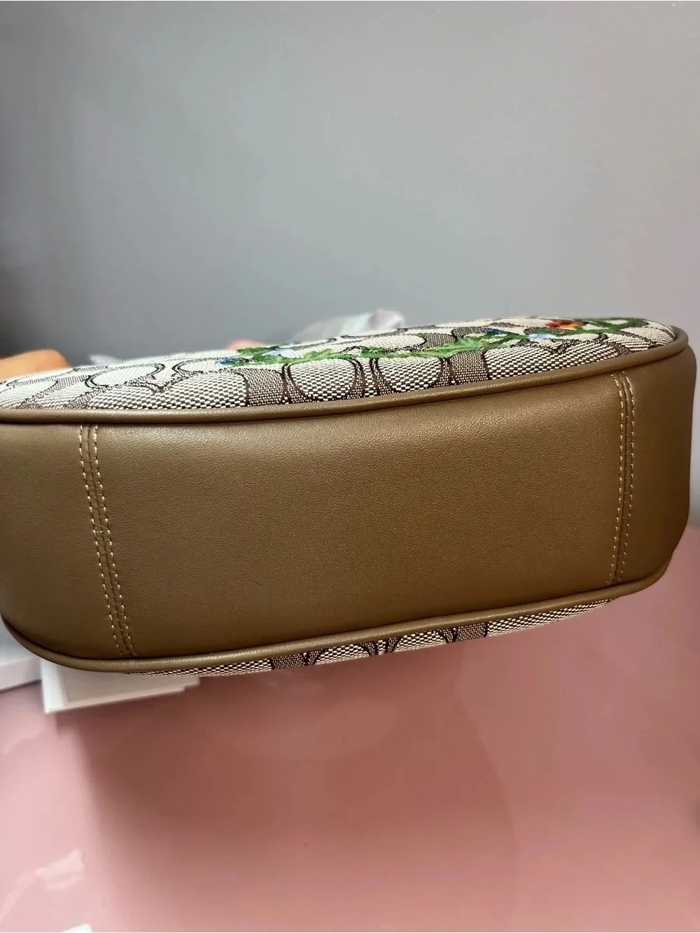 Coach Brown Signature Canvas Shoulder Bag with Floral Embroidery